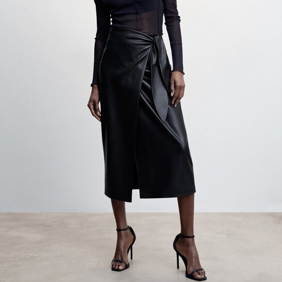 Mango Black Leather Effect Midi Wrap Skirt Size Medium NWT - Picture 1 of 15